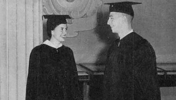 Richard Zuegel and Barbara Blake (Zuegel) in cap and gown - black and white photo